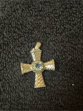 Gold-Tone Cross Pendant with Light Blue Gemstone